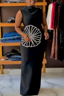 Black Celebrities Formal Elegant Patchwork Hot Drilling Slit O Neck Long Dresses