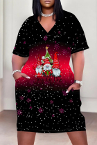 Black Casual Party Plaid Leopard Print Snowflakes Christmas Tree Print Pocket Contrast V Neck Printed Plus Size Dresses