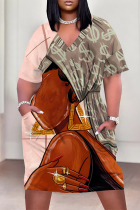 Peach Casual Street Cartoon Print Pocket Contrast V Neck Printed Plus Size Dresses
