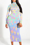 Colour Elegant Gradient Print Contrast Half A Turtleneck Printed Dresses