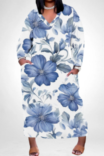 White Blue Casual Street Floral Print Pocket Contrast V Neck Printed Plus Size Dresses