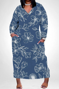Tibetan Blue Casual Street Floral Print Pocket Contrast V Neck Printed Plus Size Dresses