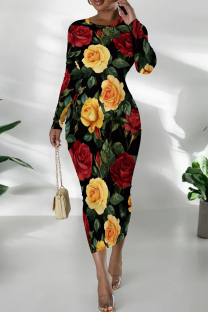 Red Yellow Casual Print Patchwork O Neck Wrapped Skirt Dresses