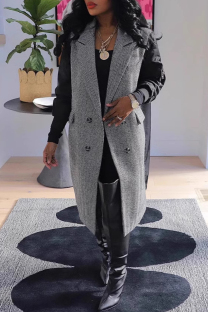 Black Daily Buttons Patchwork Contrast Turndown Collar Outerwear