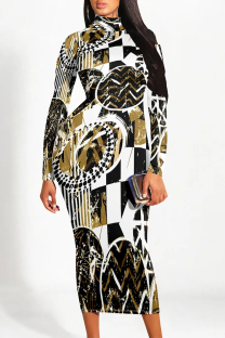 Black And White Elegant Gradient Print Contrast Half A Turtleneck Printed Dresses