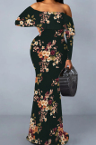 Tibetan Blue Casual Print Patchwork Backless Off Shoulder Long Dresses