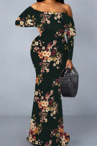 Multicolor Casual Print Patchwork Backless Off Shoulder Long Dresses