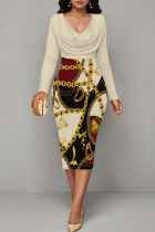 Light Yellow Casual Print Patchwork V Neck Wrapped Skirt Dresses