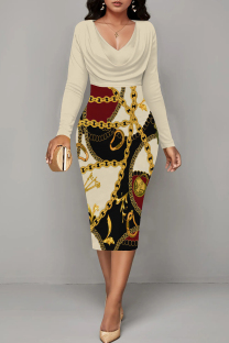 Light Yellow Casual Print Patchwork V Neck Wrapped Skirt Dresses