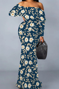 Dark Blue Casual Print Patchwork Backless Off Shoulder Long Dresses