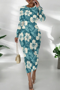 Cyan Casual Print Patchwork O Neck Wrapped Skirt Dresses