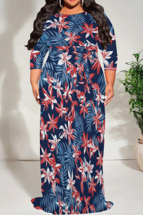 Tibetan Blue Casual Print Patchwork Strap Design O Neck Long Plus Size Dresses