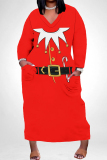 White Red Casual Party Santa Claus Print Pocket Contrast V Neck Plus Size Dresses