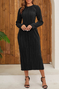 Black Elegant Solid Color Patchwork O Neck Long Dresses