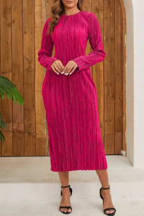 Rose Red Elegant Solid Color Patchwork O Neck Long Dresses