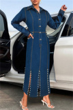 Deep Blue Casual Solid Color Buttons Slit Beading Turndown Collar High Waist Fitted Denim Dresses