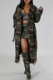Light Green Casual Camouflage Print Ripped Buttons With Belt Turndown Collar Outerwear