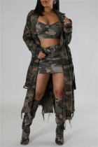 Dark Green Casual Camouflage Print Ripped Buttons With Belt Turndown Collar Outerwear