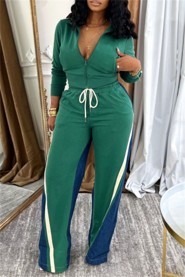 Green Casual Sportswear Daily Patchwork Contrast Zipper Collar Long Sleeve Two Pieces