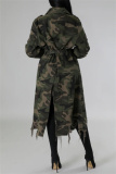 Light Green Casual Camouflage Print Ripped Buttons With Belt Turndown Collar Outerwear