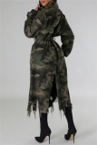 Light Green Casual Camouflage Print Ripped Buttons With Belt Turndown Collar Outerwear
