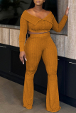 Light Brown Casual Solid Color Patchwork Off Shoulder Long Sleeve Two Pieces