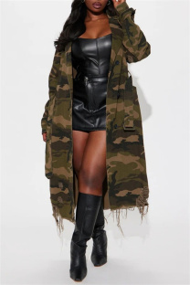 Light Green Casual Camouflage Print Ripped Buttons With Belt Turndown Collar Outerwear