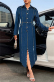 Deep Blue Casual Solid Color Buttons Slit Beading Turndown Collar High Waist Fitted Denim Dresses