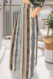 Brown Casual Street Striped Print Pocket Contrast Loose High Waist Wide Leg Full Print Bottoms