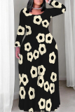 White Casual Street Geometric Print Flowers Contrast O Neck Printed Plus Size Dresses