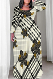 White Casual Street Geometric Print Flowers Contrast O Neck Printed Plus Size Dresses