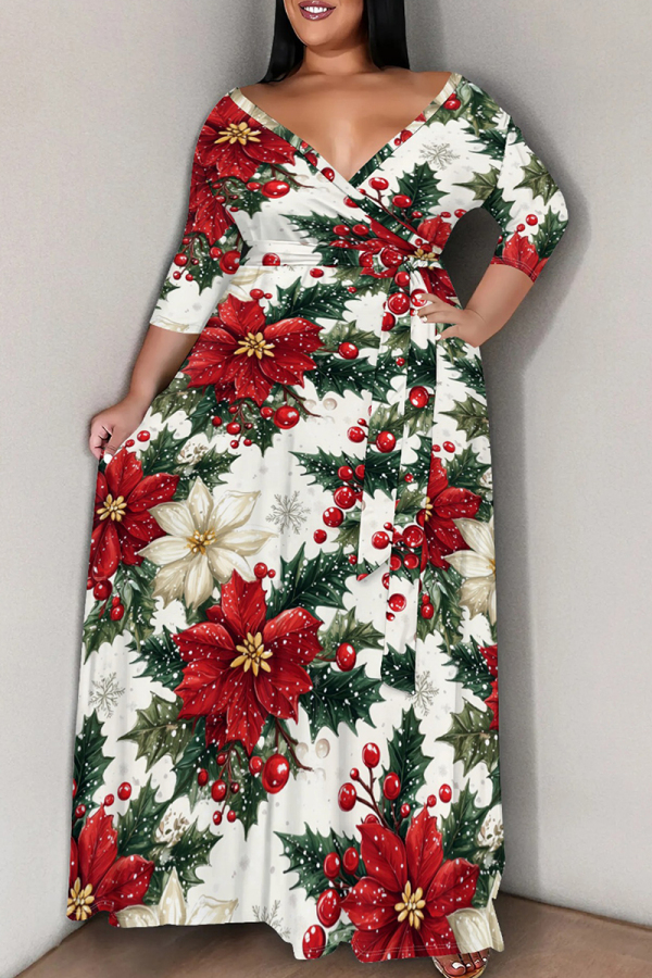 White Red Casual Print Patchwork Strap Design V Neck Long Plus Size Dresses