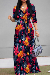 Tibetan Blue Casual Print Patchwork Strap Design V Neck Long Dresses