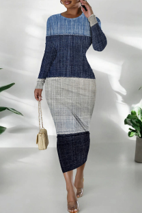 Multicolor Casual Print Patchwork O Neck Long Dresses