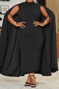 Black Casual Solid Color Basic Turtleneck Long Plus Size Dresses