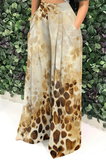 Khaki Casual Print Pocket Patchwork Loose High Waist Wide Leg Full Print Bottoms