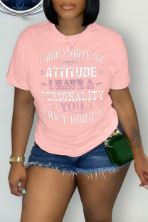 Pink Casual Street Letter Print Contrast O Neck T-Shirts