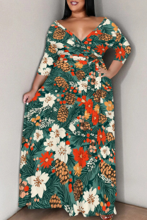 Light Green Casual Print Patchwork Strap Design V Neck Long Plus Size Dresses