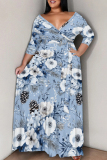 Blue Casual Print Patchwork Strap Design V Neck Long Plus Size Dresses