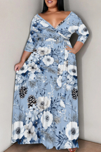 Blue Casual Print Patchwork Strap Design V Neck Long Plus Size Dresses