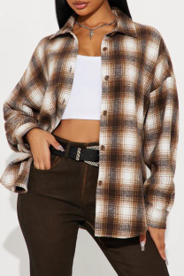 Coffee Casual Plaid Buckle Patchwork Turndown Collar Outerwear