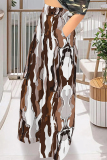 Brown Casual Street Striped Print Pocket Contrast Loose High Waist Wide Leg Full Print Bottoms