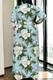 Blue Casual Print Patchwork Strap Design V Neck Long Plus Size Dresses
