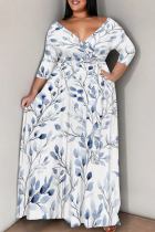 White Casual Print Patchwork Strap Design V Neck Long Plus Size Dresses