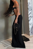 Black Sexy Solid Color Hollow Out Patchwork Slit Spaghetti Strap Sling Dresses