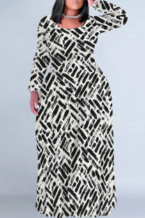 Black And White Casual Street Geometric Print Flowers Contrast O Neck Printed Plus Size Dresses