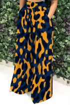 Orange Blue Casual Print Pocket Patchwork Loose High Waist Wide Leg Full Print Bottoms