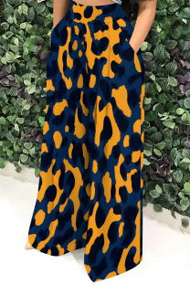 Orange Blue Casual Print Pocket Patchwork Loose High Waist Wide Leg Full Print Bottoms