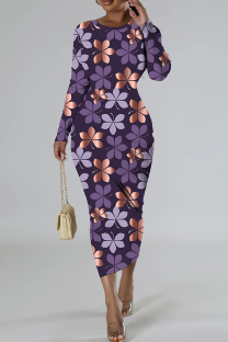 Purple Casual Floral Print Basic O Neck Long Sleeve Dresses
