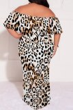 White Blue Casual Leopard Print Patchwork Backless Off Shoulder Long Plus Size Dresses